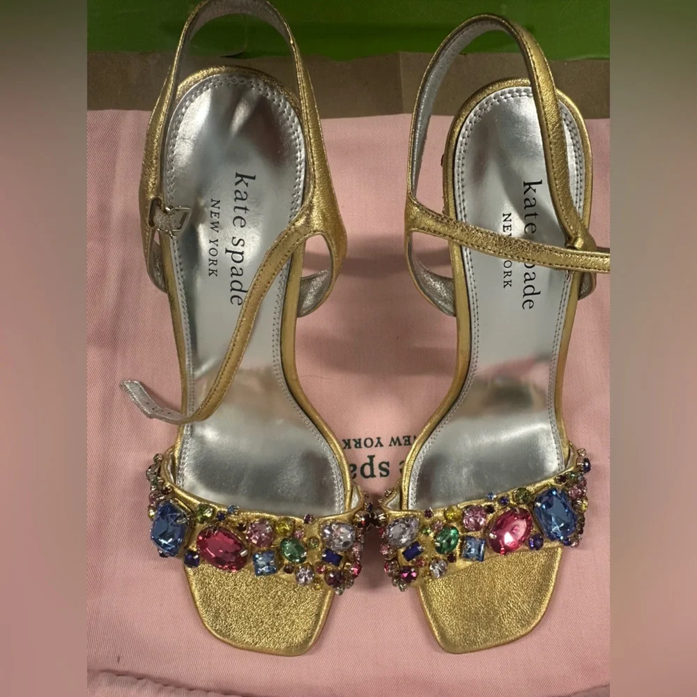 kate spade Gold Jeweled T-Strap Heels “treasure” Brand New Without Box